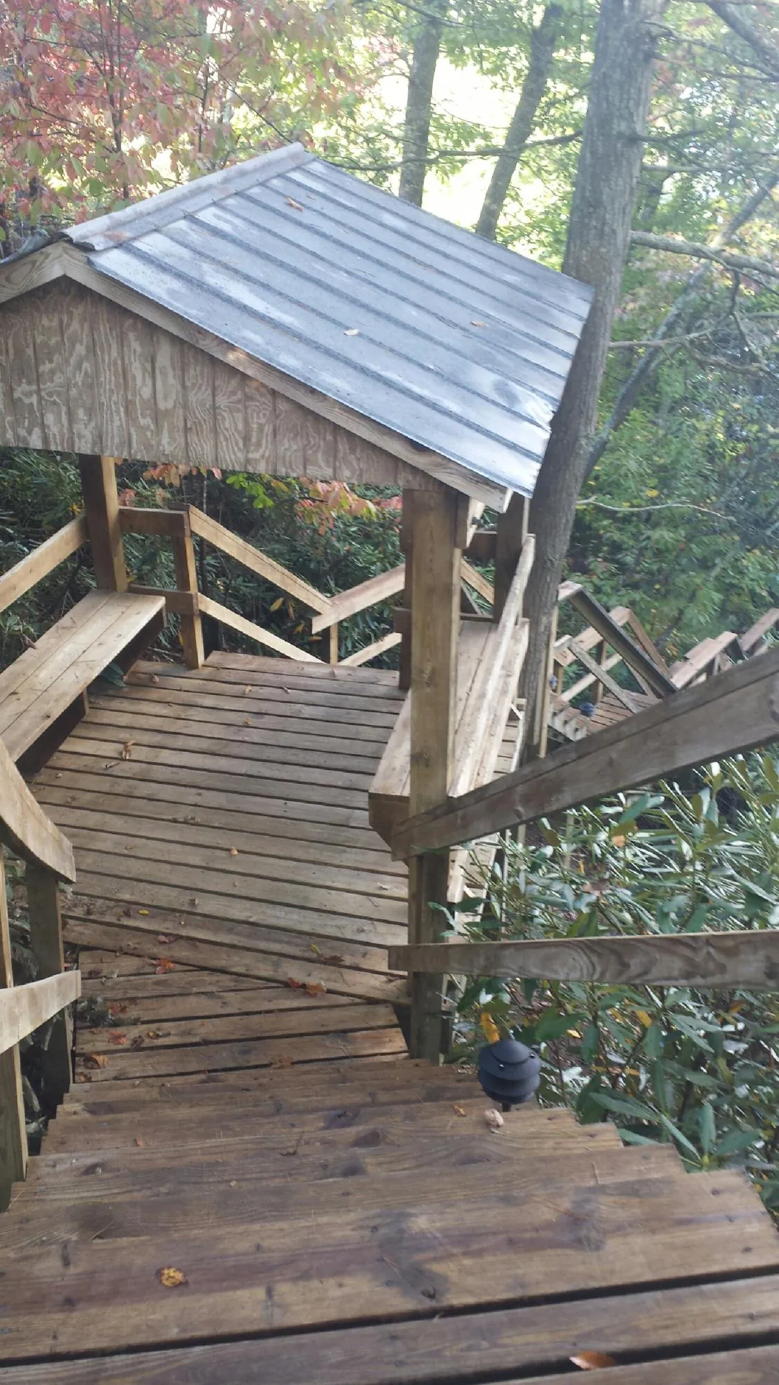 Metal roofed shelter over wooden steps on a wooded walkway — Skylight Repair & Installation work by our crew in Campus